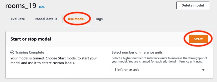 Interfaz de usuario que muestra el botón Iniciar modelo y opciones de inicio o detención de un modelo de machine learning para detectar etiquetas personalizadas. Seleccione el número de unidades de inferencia para aumentar el rendimiento.