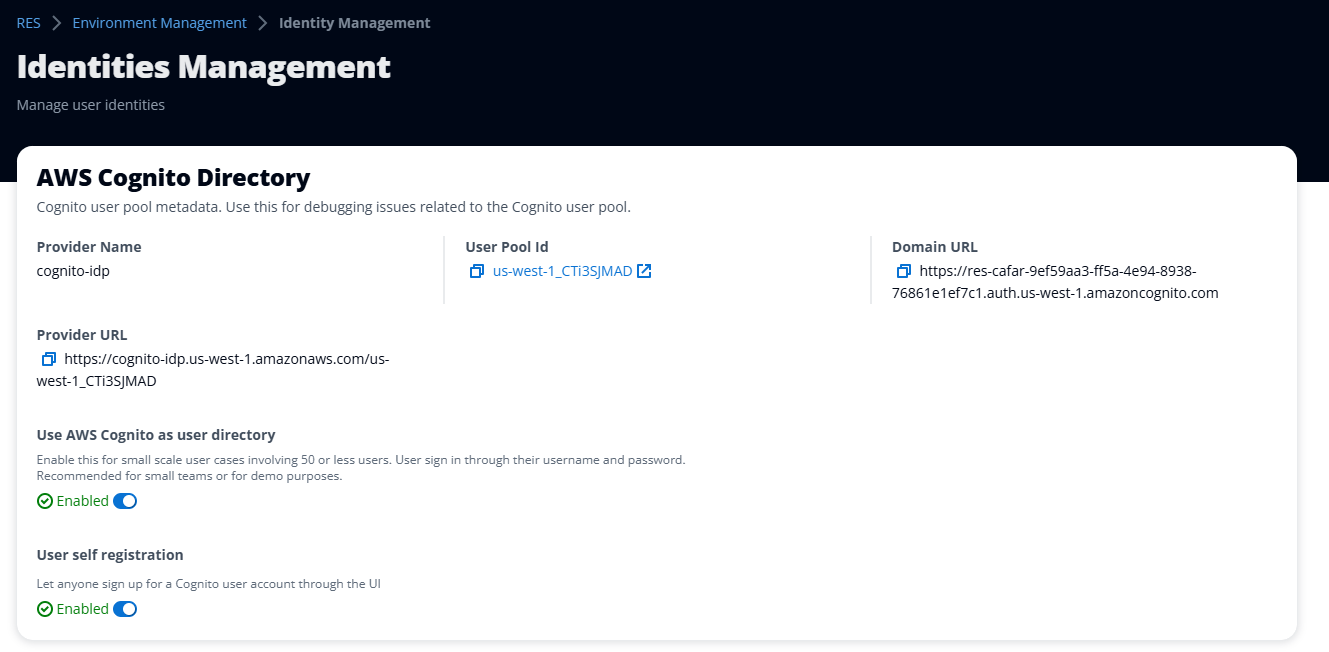 Página de administración de identidades que muestra la configuración del directorio cognitivo