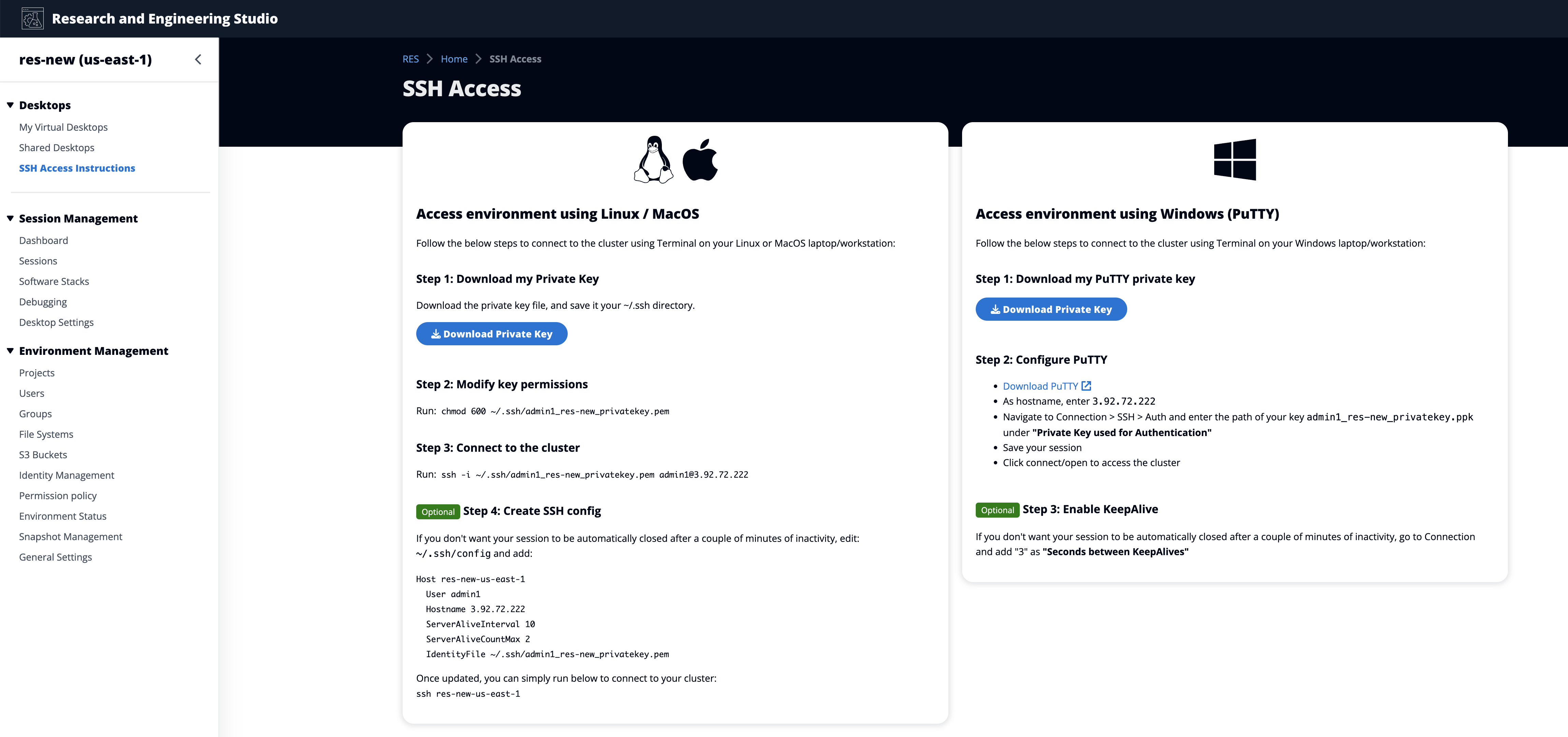 Página de instrucciones de acceso a SSH que muestra los pasos para Linux y Windows