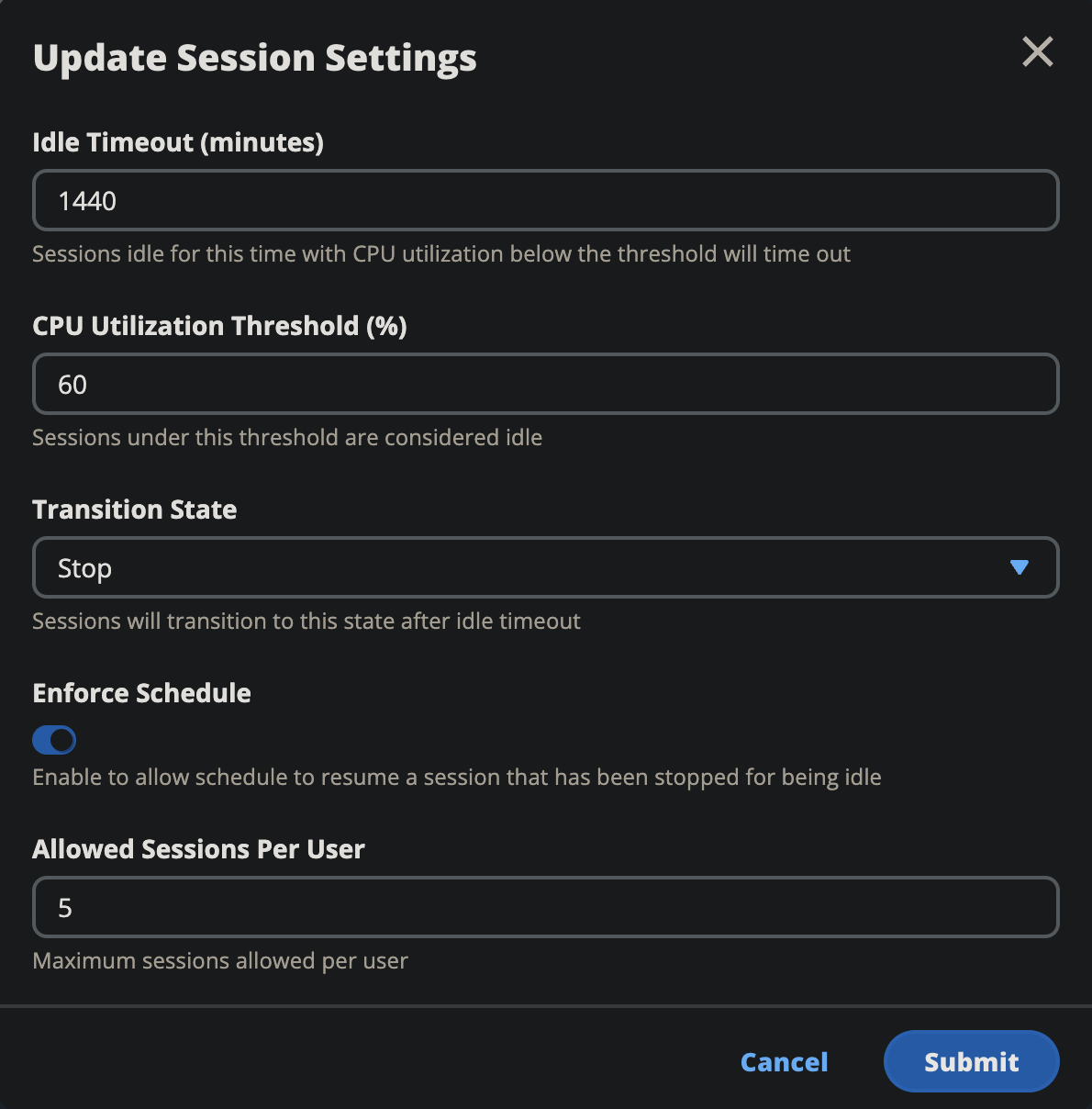 actualizar la configuración de la sesión