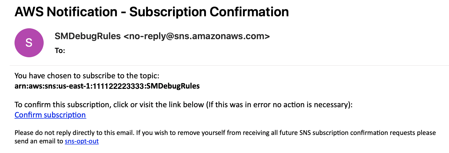 Un mensaje de correo electrónico de confirmación de suscripción para el tema SMDebugReglas de Amazon SNS.
