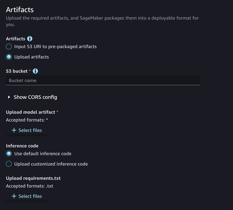 Captura de pantalla de la sección Artefactos para crear un modelo en Studio