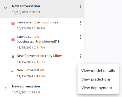 Se ha expandido el menú de puntos suspensivos de la conversación de Q Developer, que muestra opciones para ver los detalles de los modelos, las predicciones y la implementación.