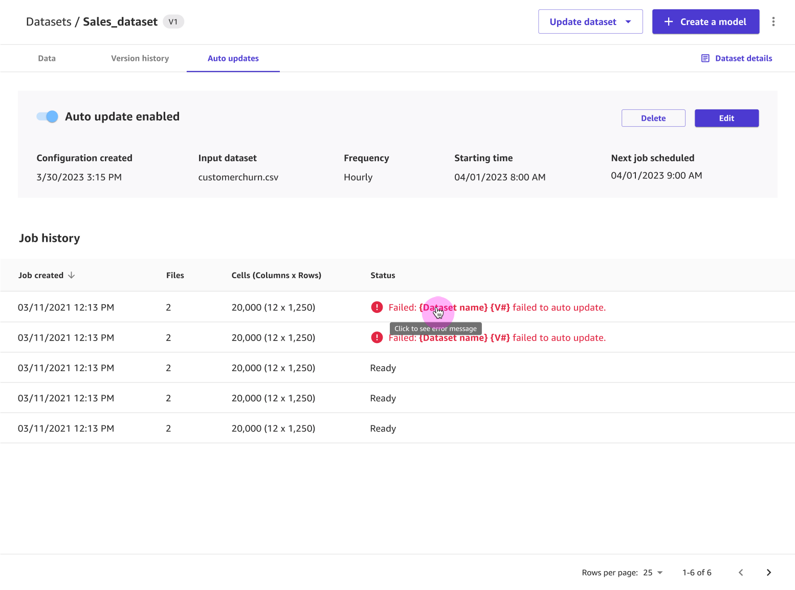 La pestaña Actualizaciones automáticas de un conjunto de datos muestra las actualizaciones automáticas activadas y una lista de trabajos de actualización automática.