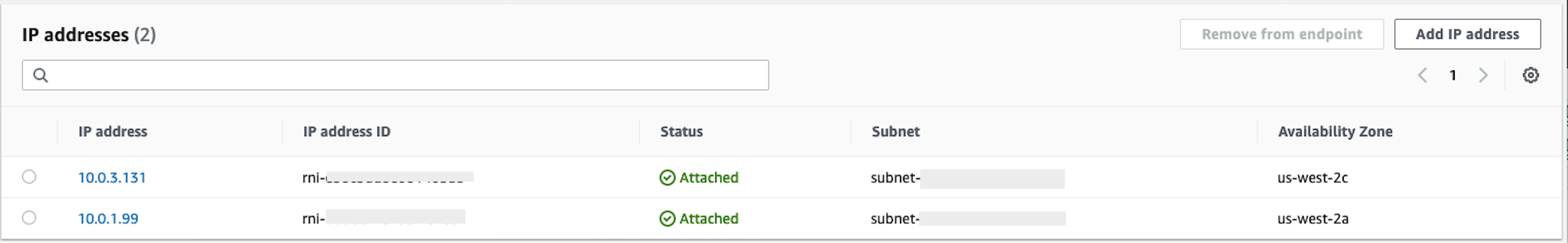 La sección Direcciones IP de la consola.