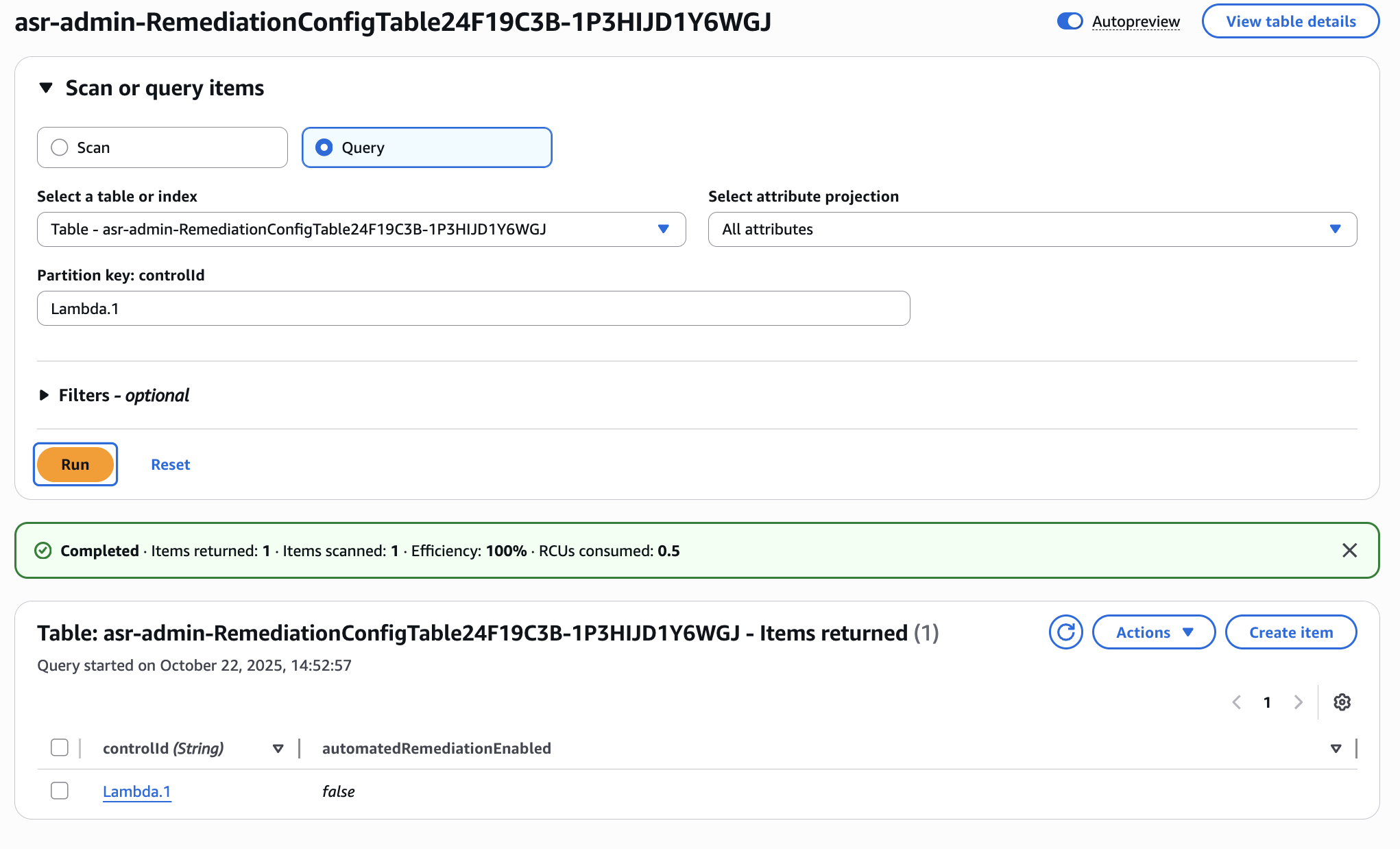 tabla de configuración de correcciones