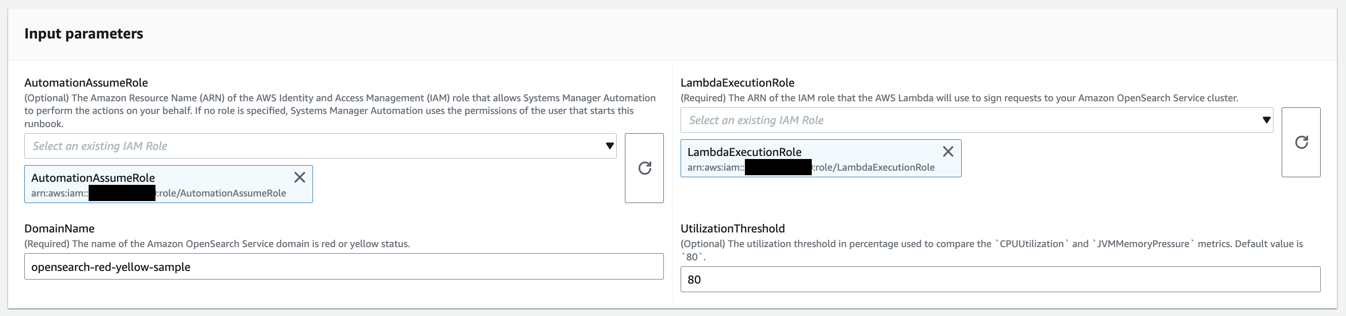 Input parameters form for AWS Systems Manager Automation with IAM roles and domain settings.