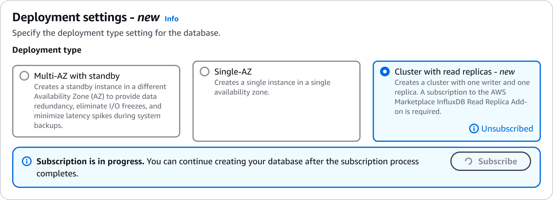 La interfaz de Configuración de implementación muestra un mensaje que indica que la suscripción está en curso.
