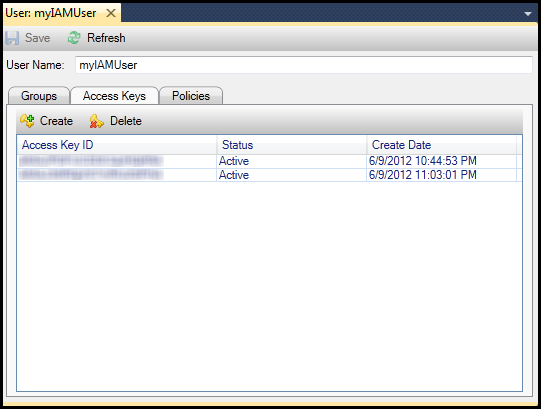 Usuario de IAM details window showing Access Keys tab with two active keys and their creation dates.