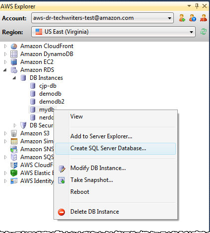 AWS Explorer context menu for RDS instance showing options to create or modify database.