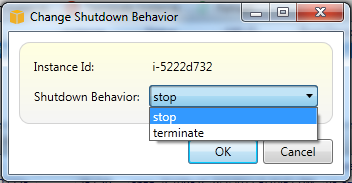 Dialog box for changing instance shutdown behavior with options to stop or terminate.