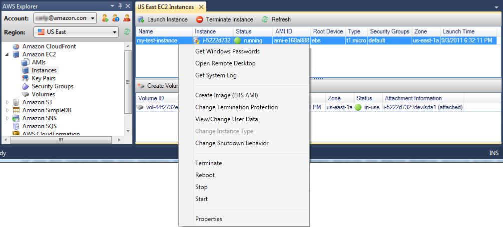 AWS Explorer interface showing context menu options for an EC2 instance, including Stop and Reboot.