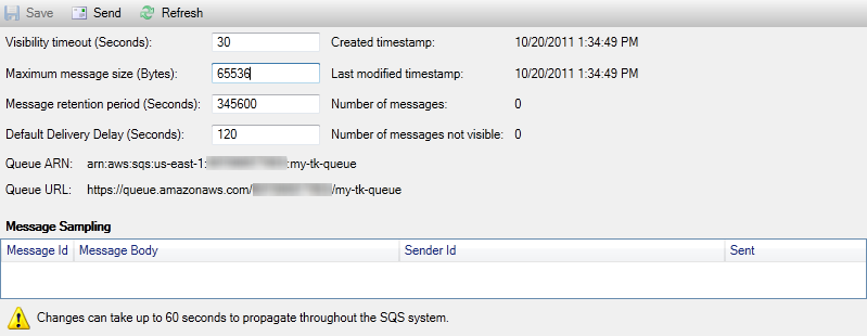 AWS SQS queue details showing configuration settings and message sampling table.