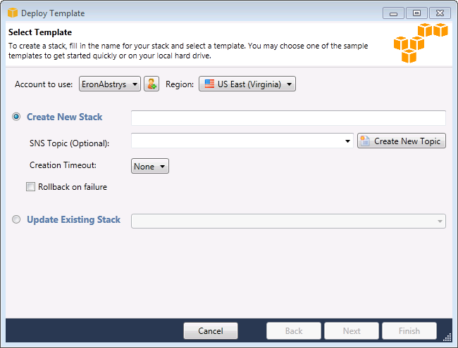 Deploy Template interface showing options to create or update a stack with account and region selection.