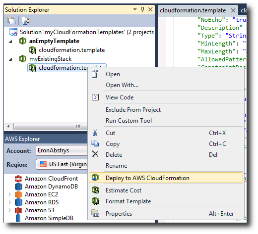Solution Explorer showing CloudFormation template with context menu options for deployment.