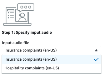 Amazon Transcribe captura de pantalla de la consola: una selección desplegable para el audio de entrada de la demo.