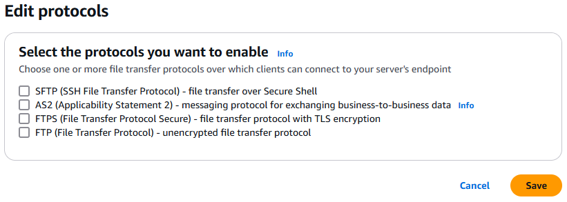Lista de protocolos disponibles: SFTP, FTP, FTPS y. AS2 Puede seleccionar una o varias.