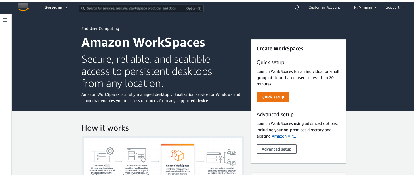 Amazon WorkSpaces dashboard showing service description and setup options.