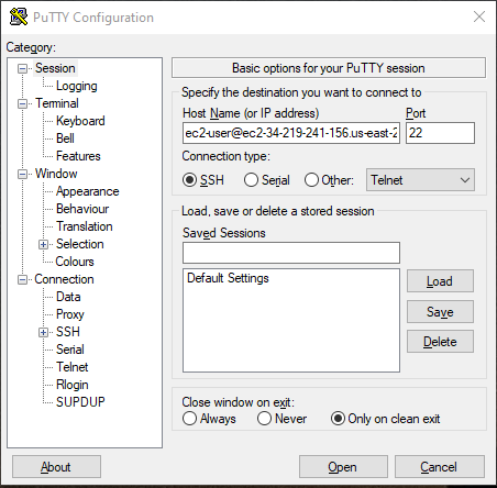 Configuration de PuTTY – Session.