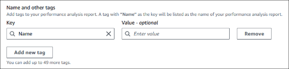 Tableau de bord d’analyse des performances avec des champs pour ajouter une nouvelle balise