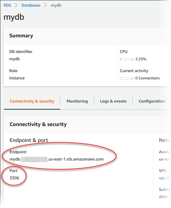 Point de terminaison et port d’une instance de base de données dans la console Amazon RDS.