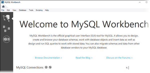L’écran de bienvenue dans MySQL Workbench.