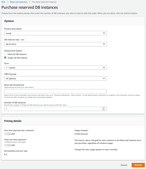 Console Acheter une instance de base de données réservée