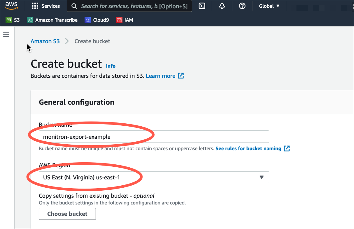 Create bucket interface showing bucket name "monitron-export-example" and Région AWS "US East (N. Virginia)".