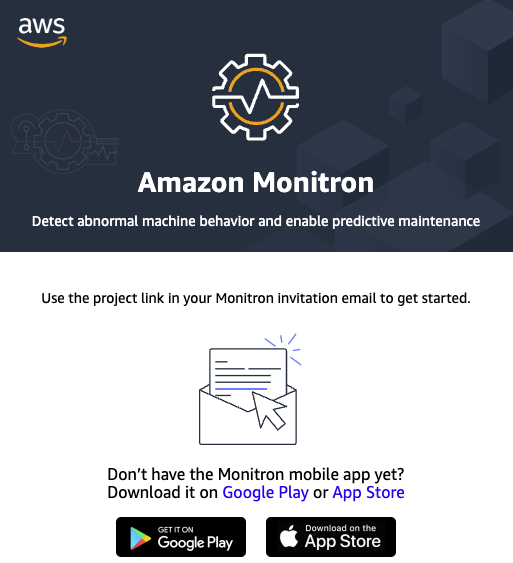 Amazon Monitron logo and app download options for Google Play and App Store.