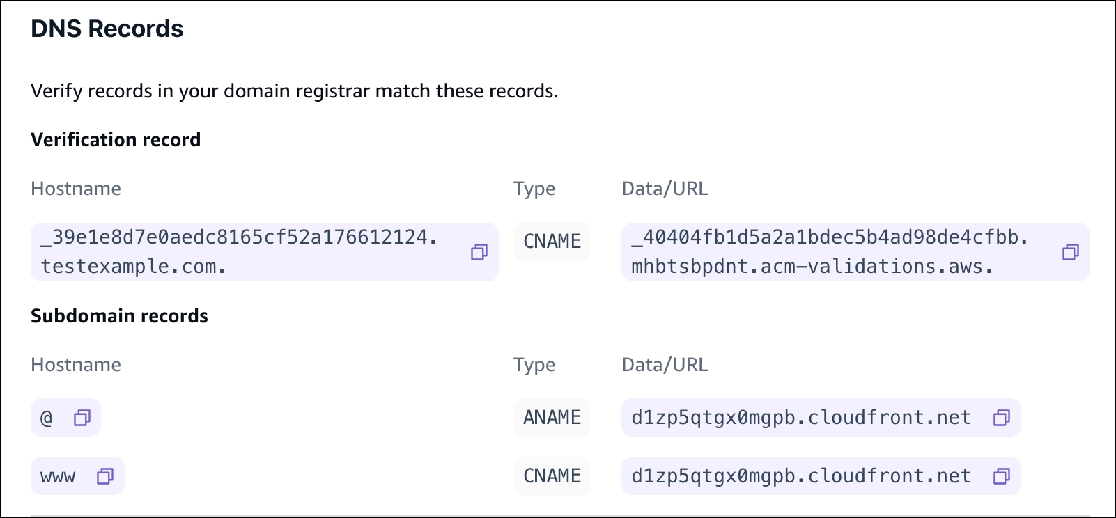 Les enregistrements DNS affichés dans la console Amplify.