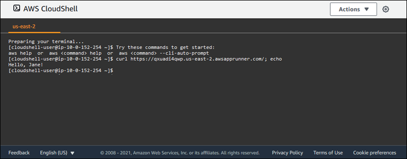 Fenêtre de navigateur AWS CloudShell affichant une commande pour afficher le contenu d'une page de service App Runner