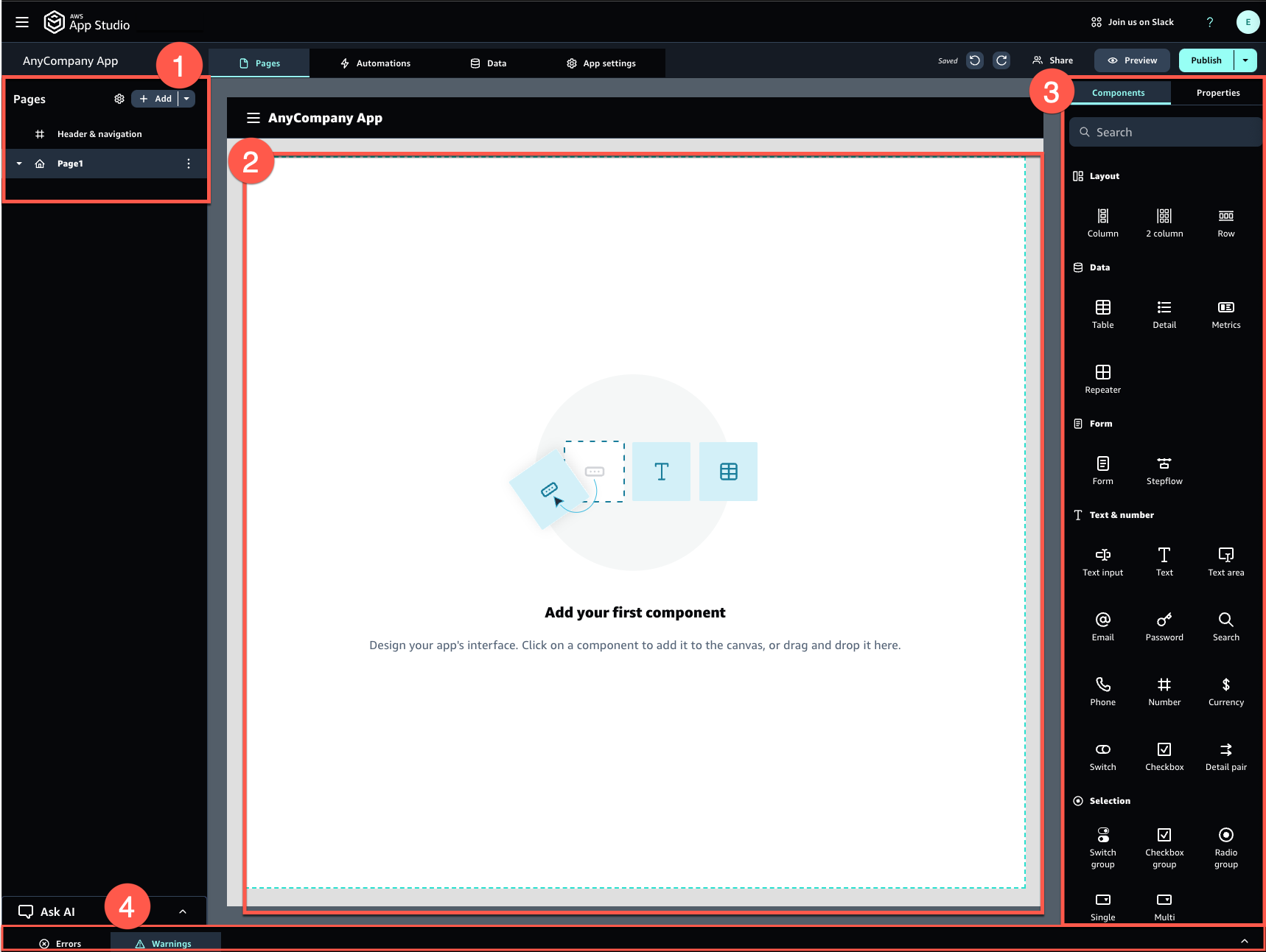 Vue de l'onglet Pages du studio d'applications qui s'affiche lorsque vous modifiez une application.