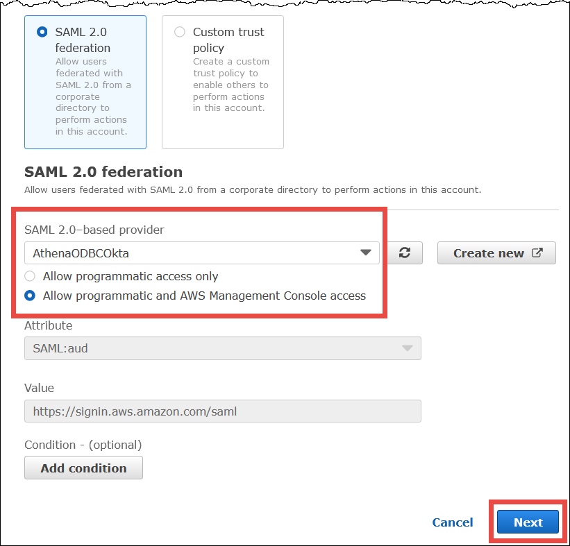 Choisissez des options sur la page Create role (Création d'un rôle).