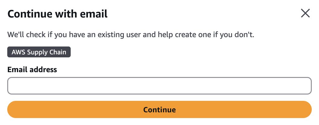 Email address input field for AWS Supply Chain user creation or login.