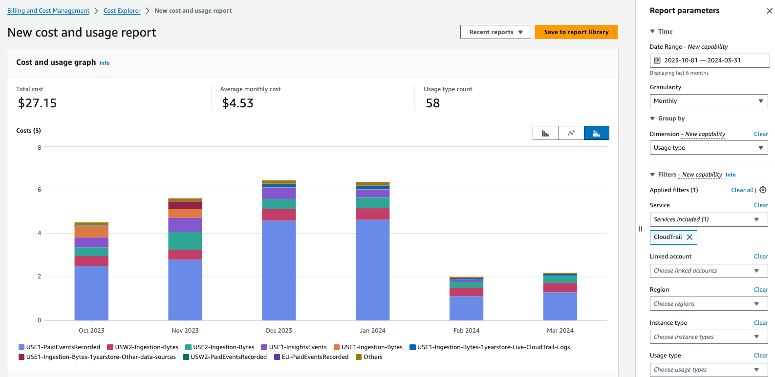 Le rapport Cost Explorer est regroupé par type d'utilisation et filtré pour le CloudTrail service