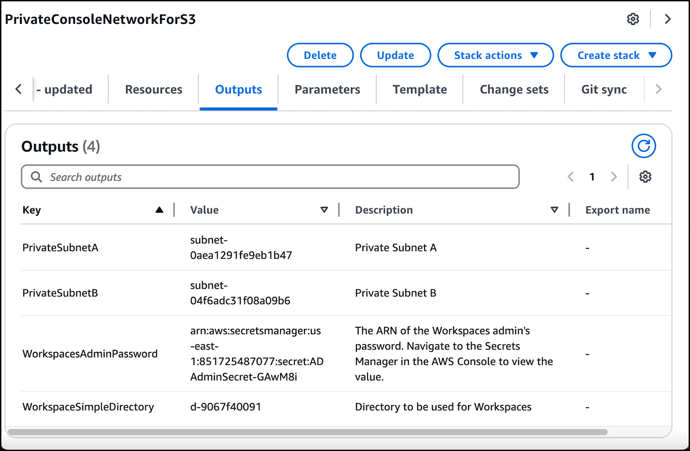Sous-réseaux privés et annuaire Workspace Simple Directory, et leurs valeurs correspondantes