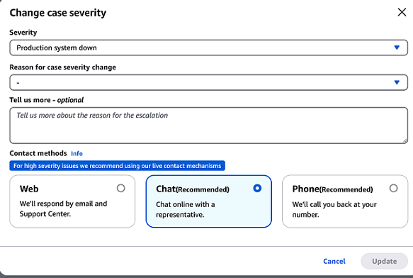 L'écran Modifier la gravité du dossier affiche la section Méthodes de contact avec les options suivantes : Web, chat et téléphone.