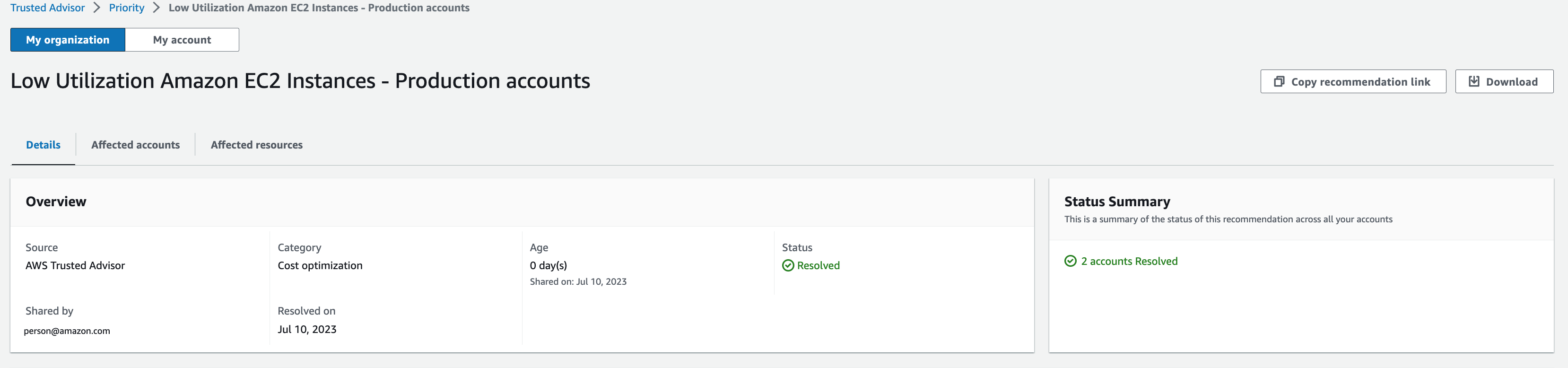 Recommandation résolue sur la page de console Trusted Advisor Priority.