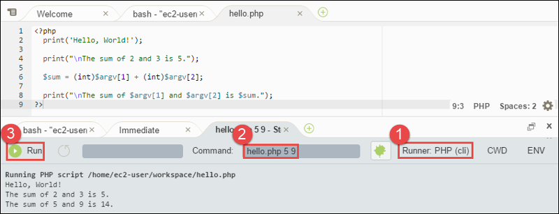 Résultat de l'exécution du code PHP dans l' AWS Cloud9 IDE