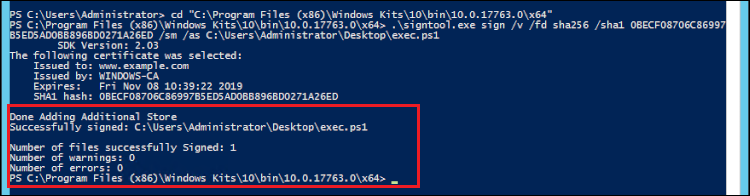 Le fichier .ps1 a été correctement signé.