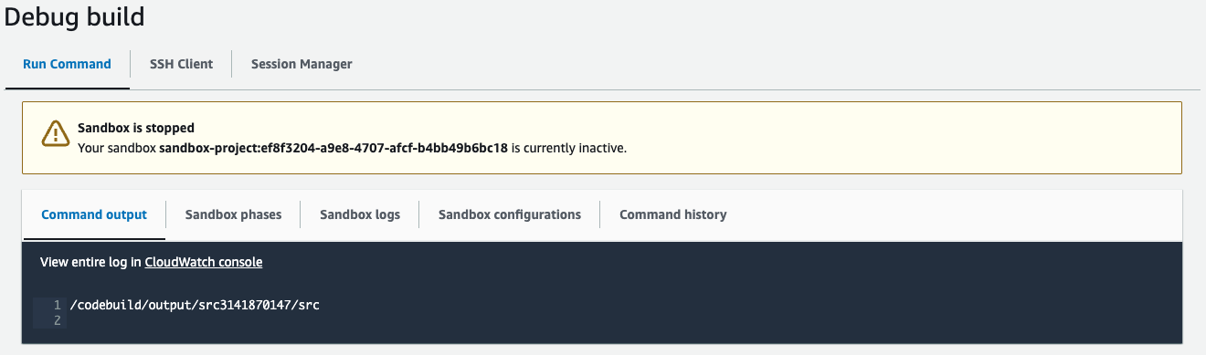 La page de sortie de la commande d'exécution avec un sandbox arrêté dans la console.