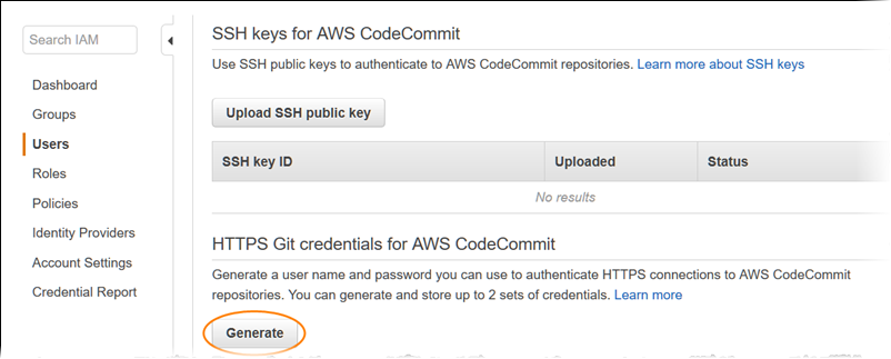 Génération d'informations d'identification Git dans la console IAM
