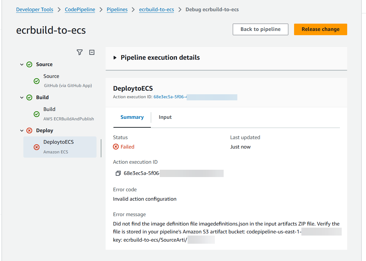 Consultez les journaux de l'action de génération Amazon ECR dans votre pipeline.
