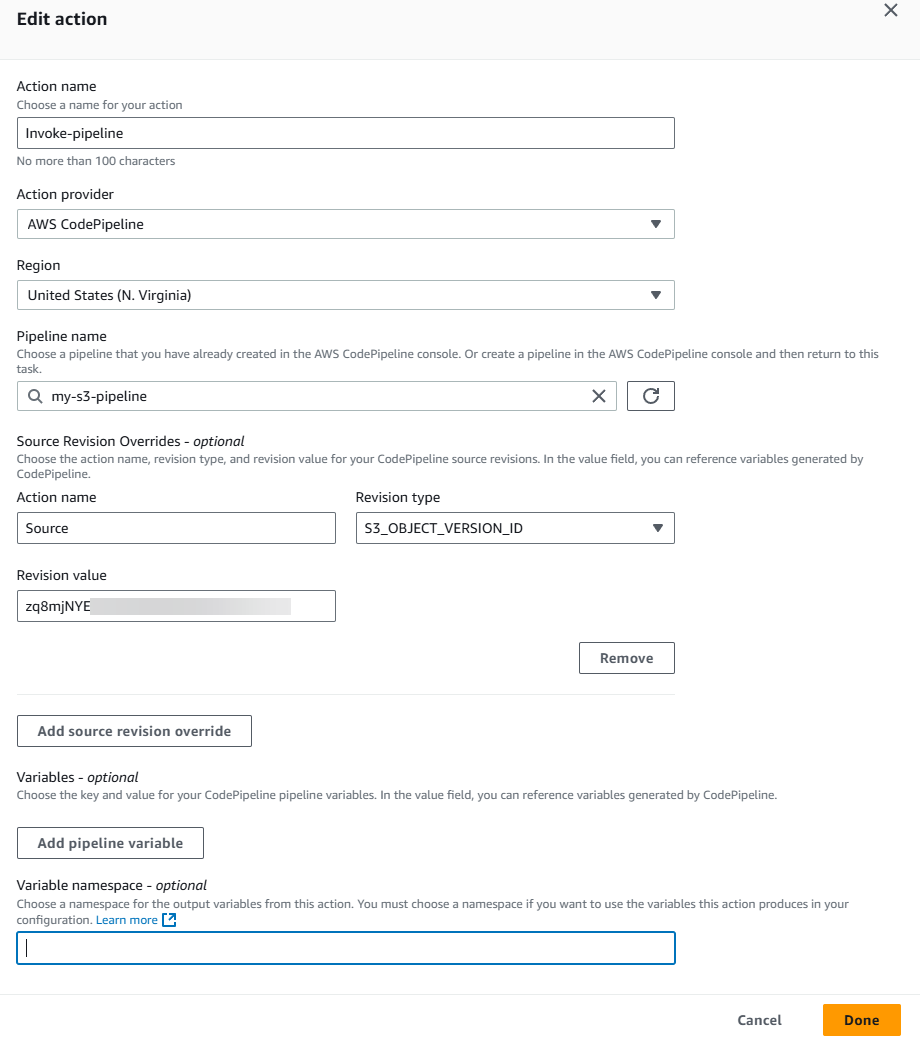 La page Modifier l'action pour un nouveau pipeline avec l'action d'appel du pipeline