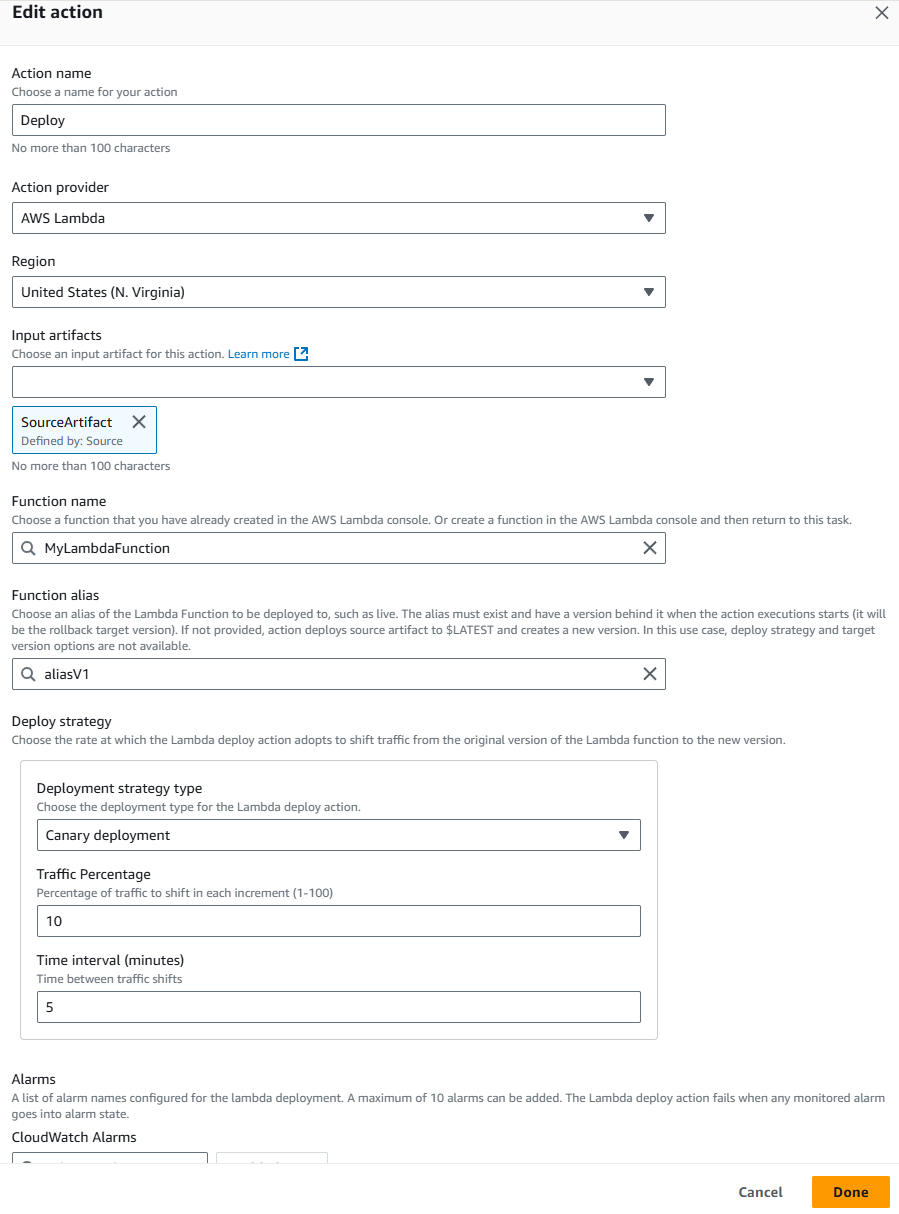 Ajoutez une action de déploiement Lambda à votre pipeline.
