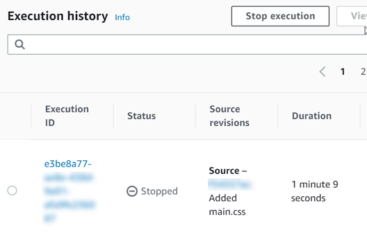 Image montrant la vue historique où l'état d'exécution est arrêté une fois l'action en cours terminée