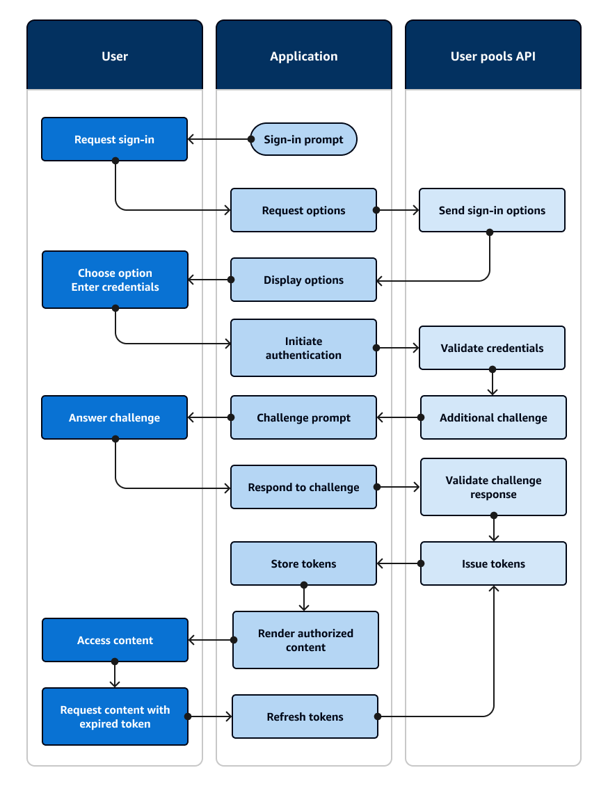 Un organigramme qui montre une application qui invite un utilisateur à saisir des informations et le connecte à l'aide d'un AWS SDK.