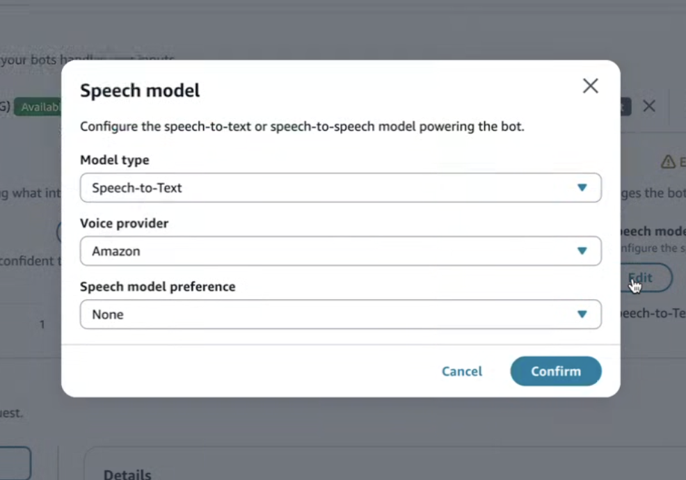 La boîte de dialogue du modèle vocal dans laquelle Amazon est sélectionné comme fournisseur de services vocaux.