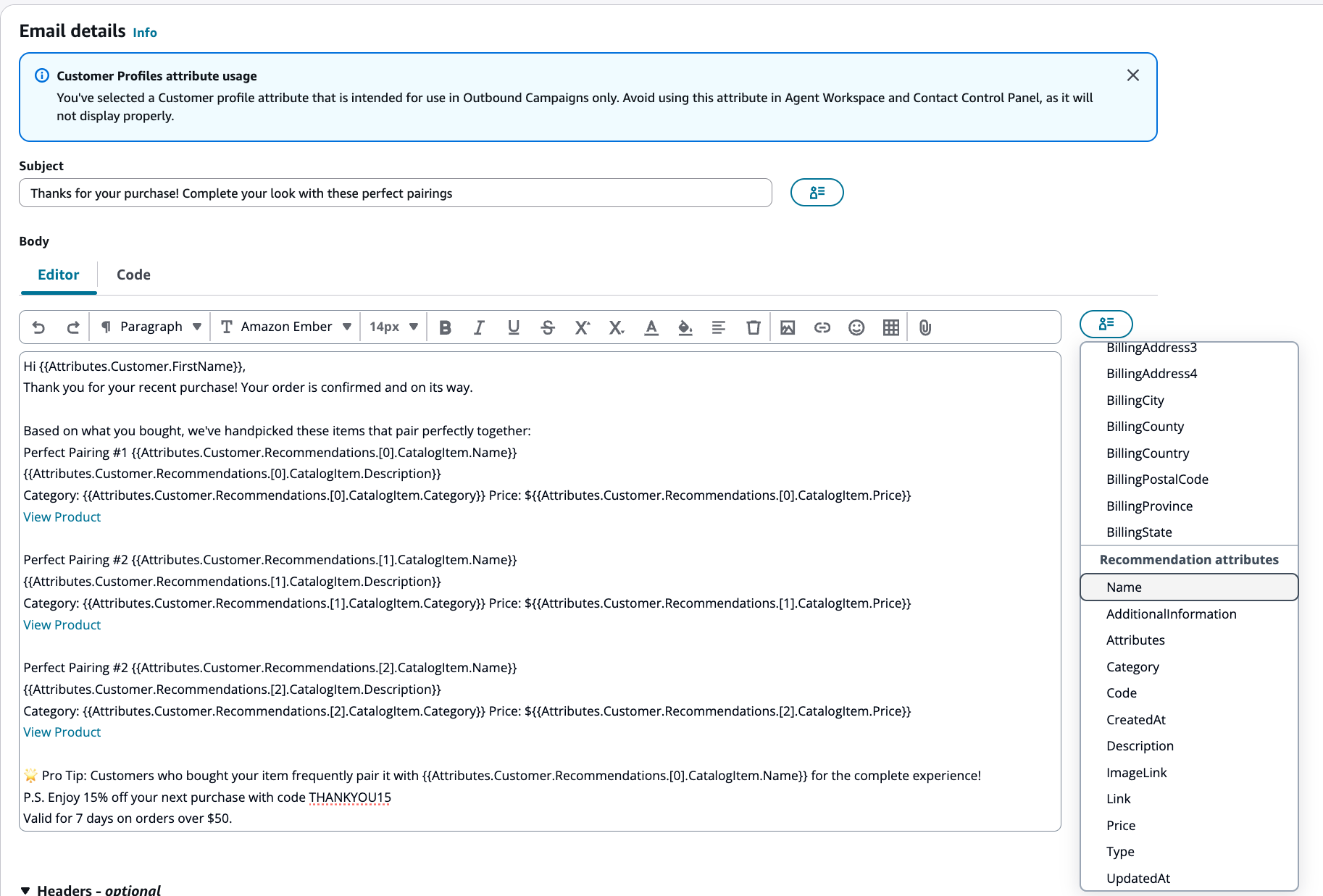 Éditeur de modèles d'e-mail affichant les attributs de recommandation dans l'outil de recherche d'attributs et des recommandations de produits personnalisées dans le corps du message.