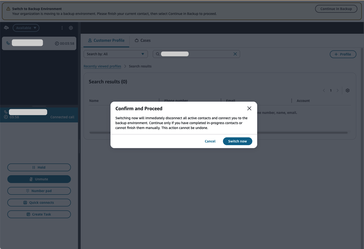La fenêtre contextuelle de confirmation qui apparaît lorsqu'un agent sélectionne Continuer dans Backup.